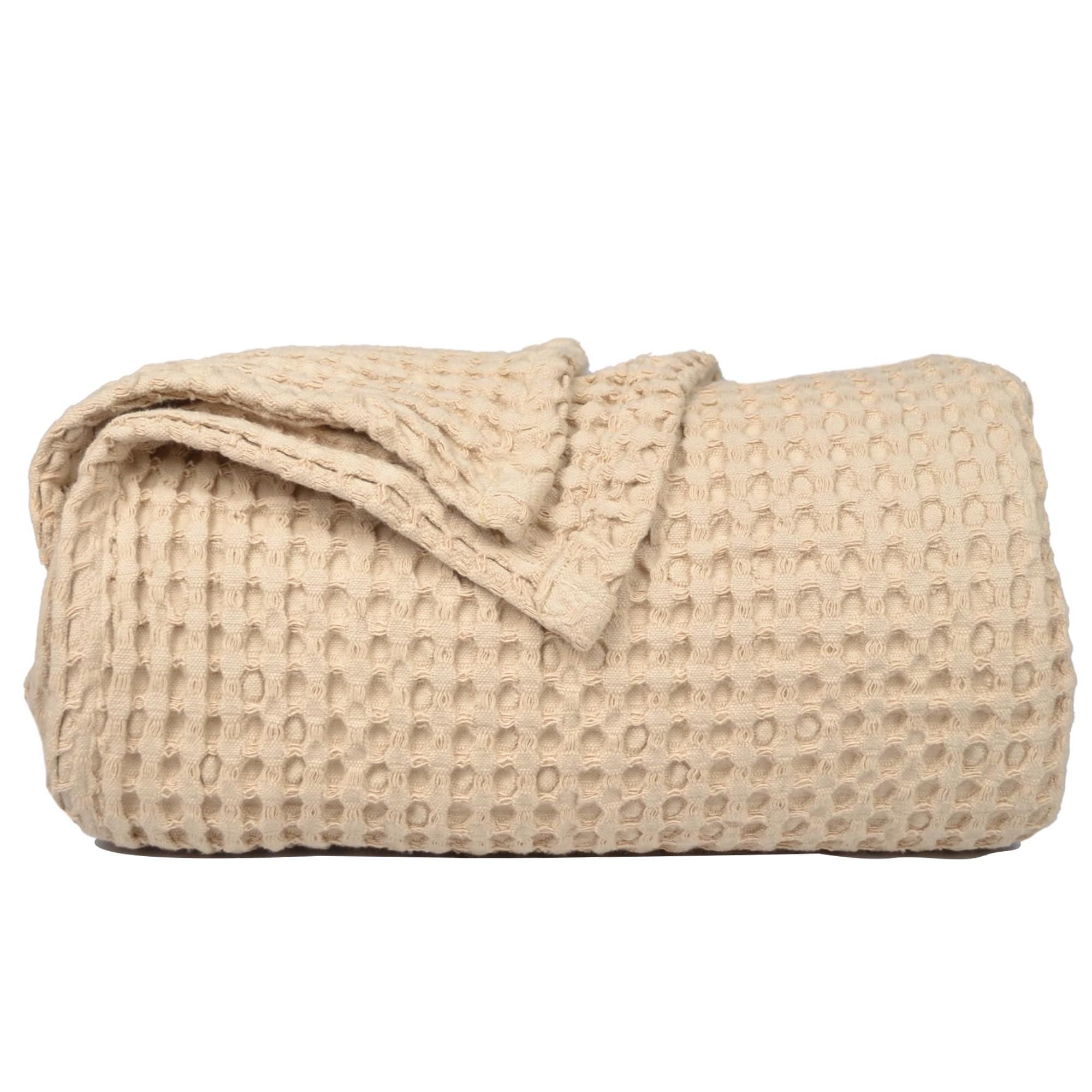 100% Cotton Waffle Weave Throw Blanket 50x70 inch Sand Color Lightweight Soft and Breathable Throw Blanket for All Season Skin Friendly Blanket f